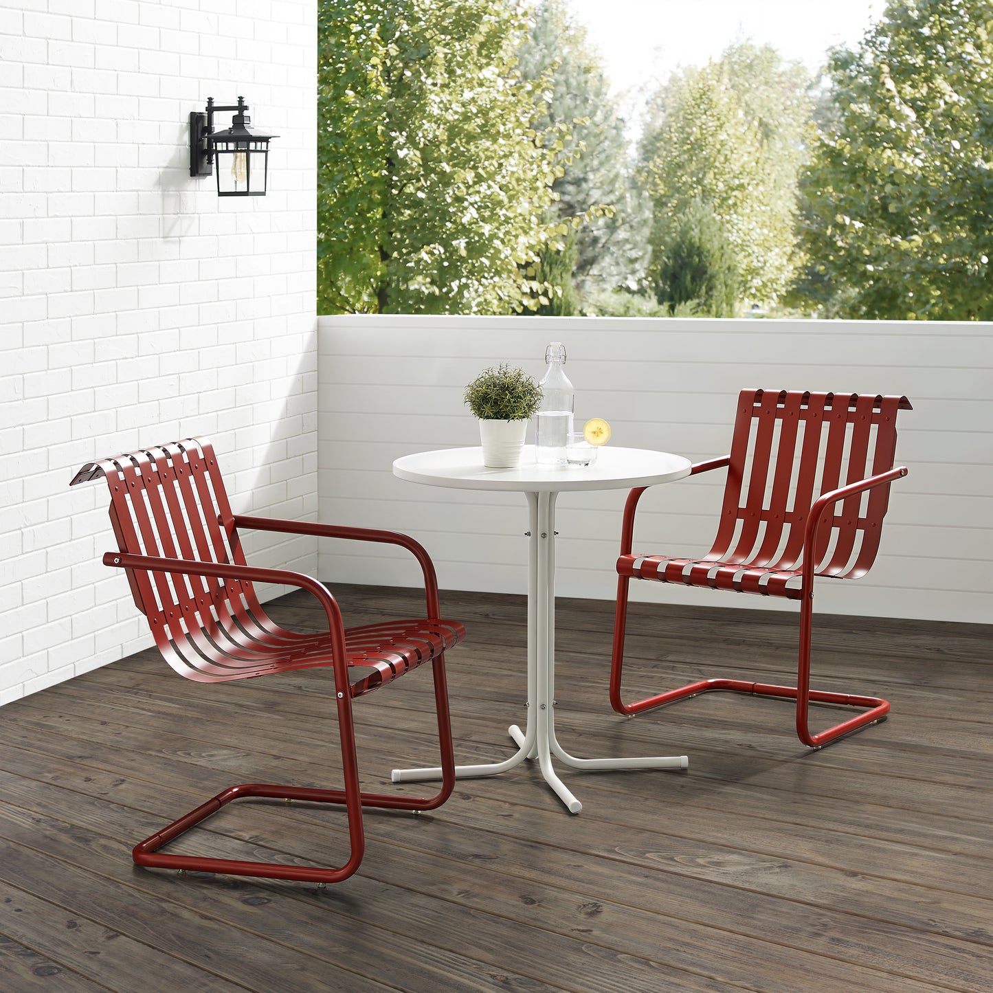Gracie 3Pc Outdoor Metal Bistro Set Dark Red Satin/White Satin - Bistro Table & 2 Armchairs