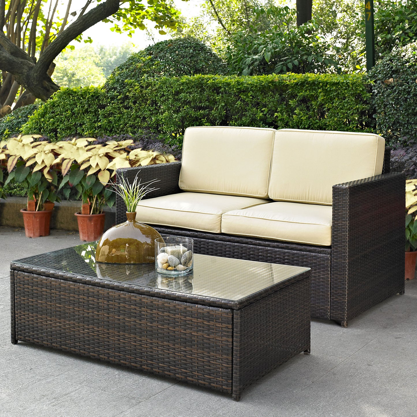Palm Harbor 2Pc Outdoor Wicker Conversation Set Sand/Brown - Loveseat & Coffee Table