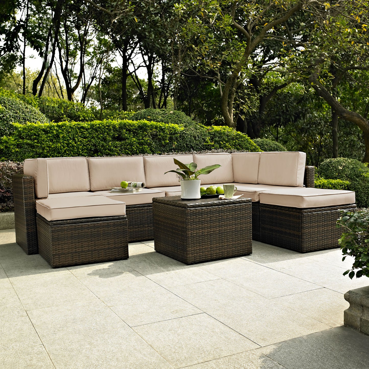 Palm Harbor 8Pc Outdoor Wicker Sectional Set Sand/Brown - Coffee Sectional Table, 3 Center Chairs, 2 Corner Chairs, & 2 Ottomans