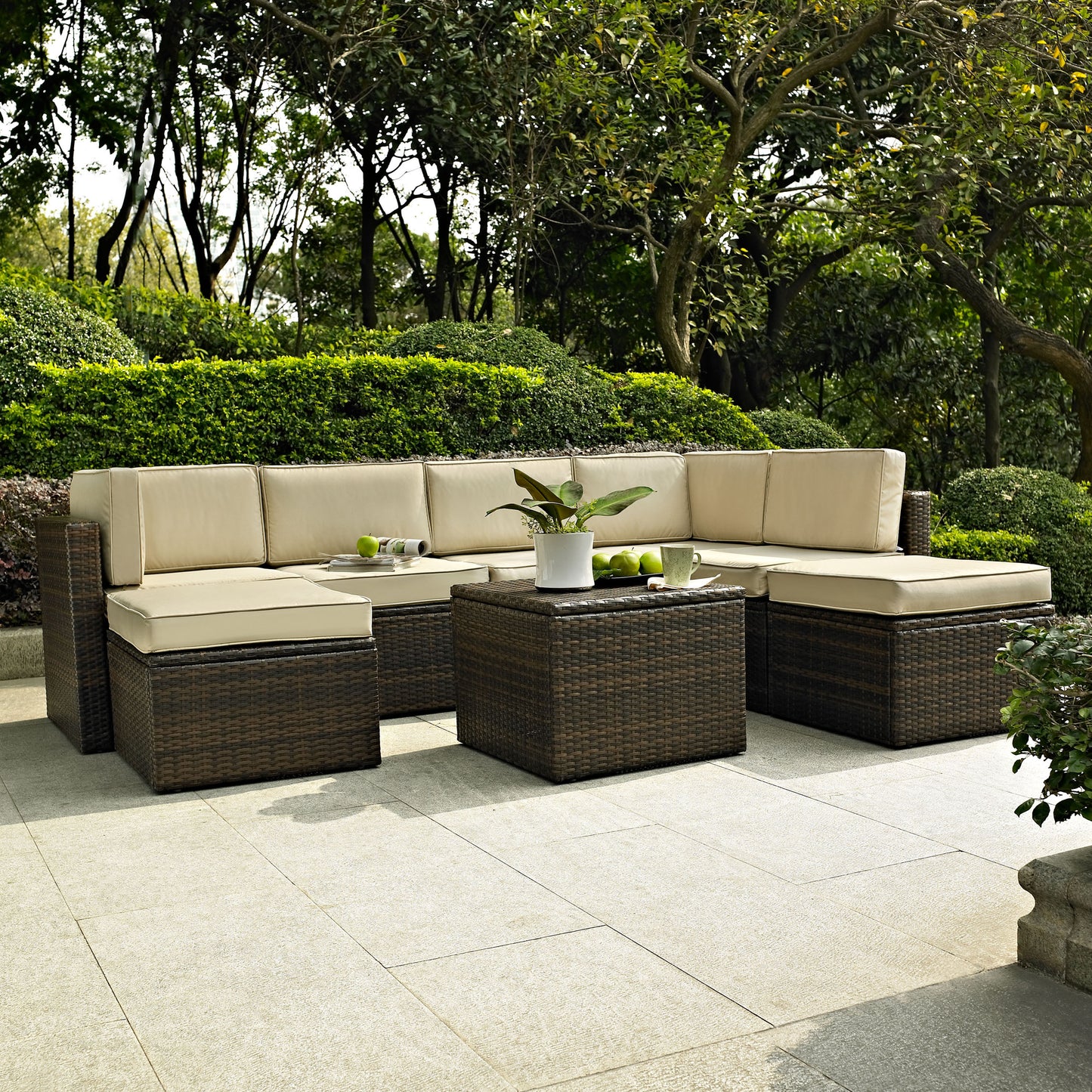Palm Harbor 8Pc Outdoor Wicker Sectional Set Sand/Brown - Coffee Sectional Table, 3 Center Chairs, 2 Corner Chairs, & 2 Ottomans