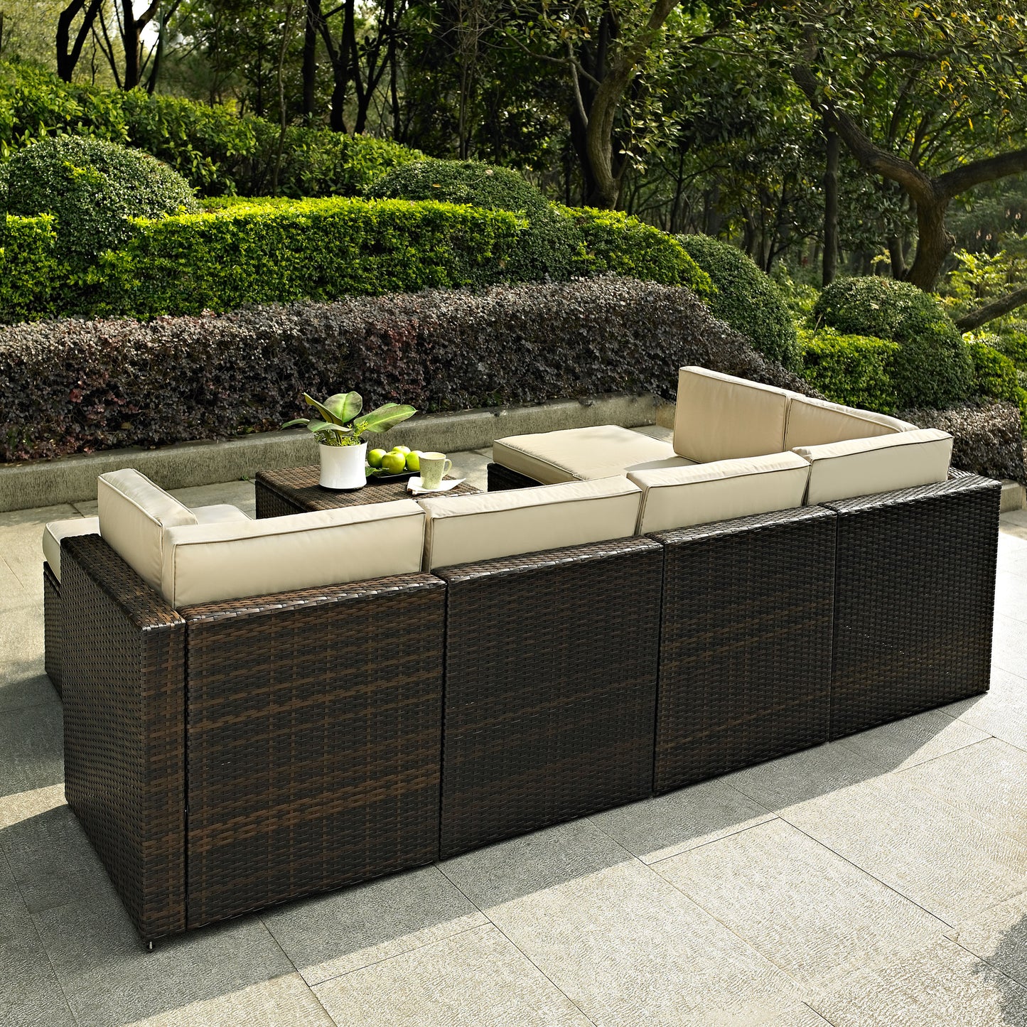 Palm Harbor 8Pc Outdoor Wicker Sectional Set Sand/Brown - Coffee Sectional Table, 3 Center Chairs, 2 Corner Chairs, & 2 Ottomans