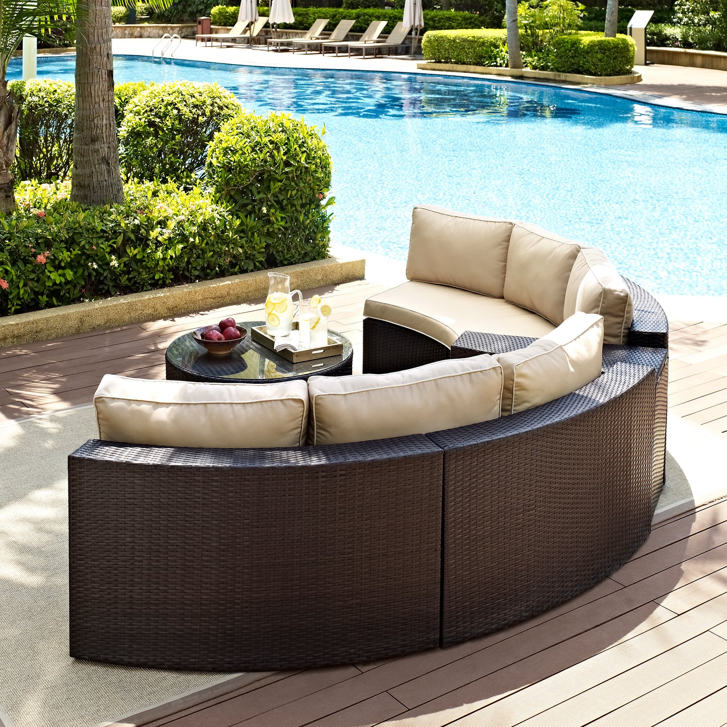 Catalina 4Pc Outdoor Wicker Sectional Set Sand/Brown - Arm Table, Round Glass Top Coffee Table, & 2 Round Sectional Sofas