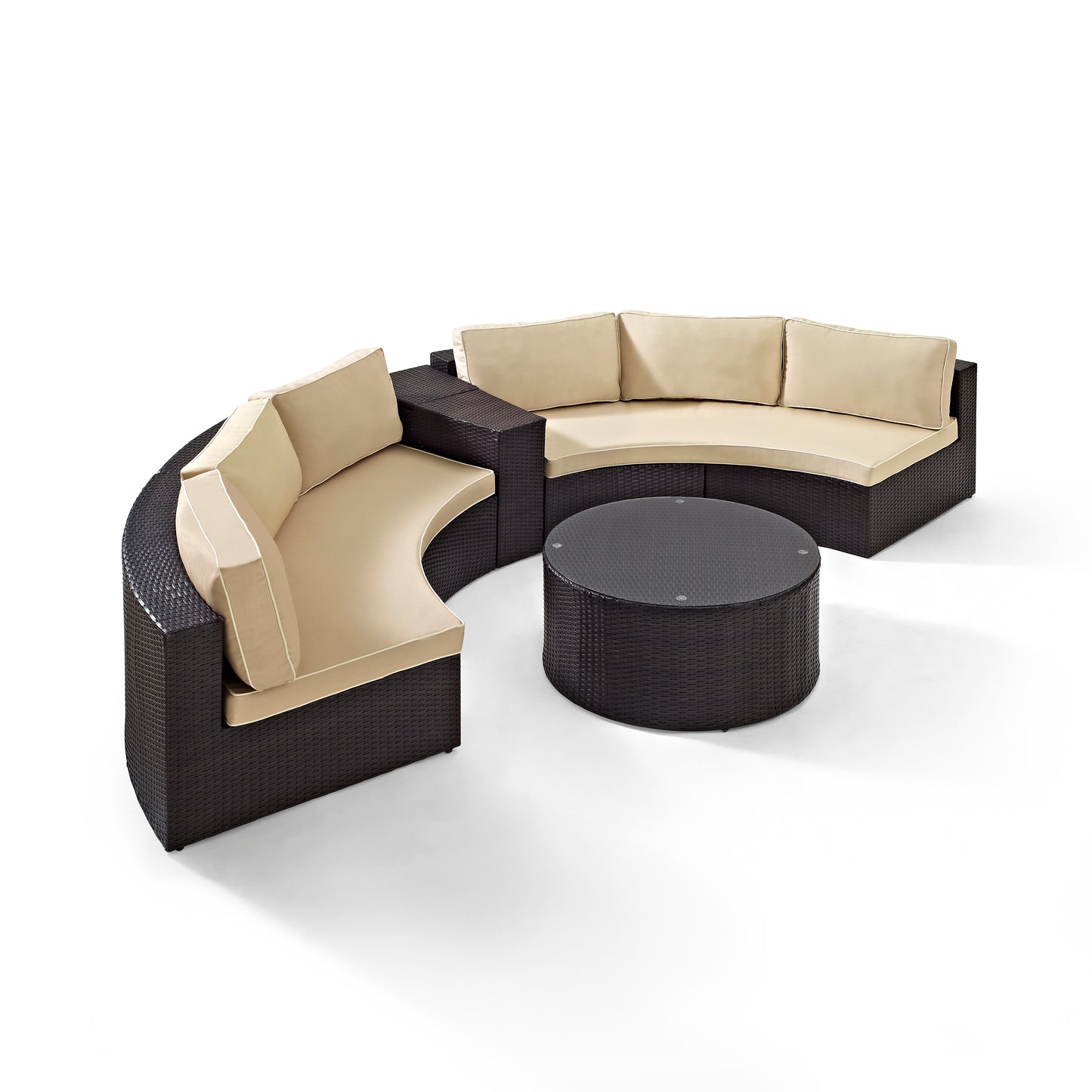 Catalina 4Pc Outdoor Wicker Sectional Set Sand/Brown - Arm Table, Round Glass Top Coffee Table, & 2 Round Sectional Sofas