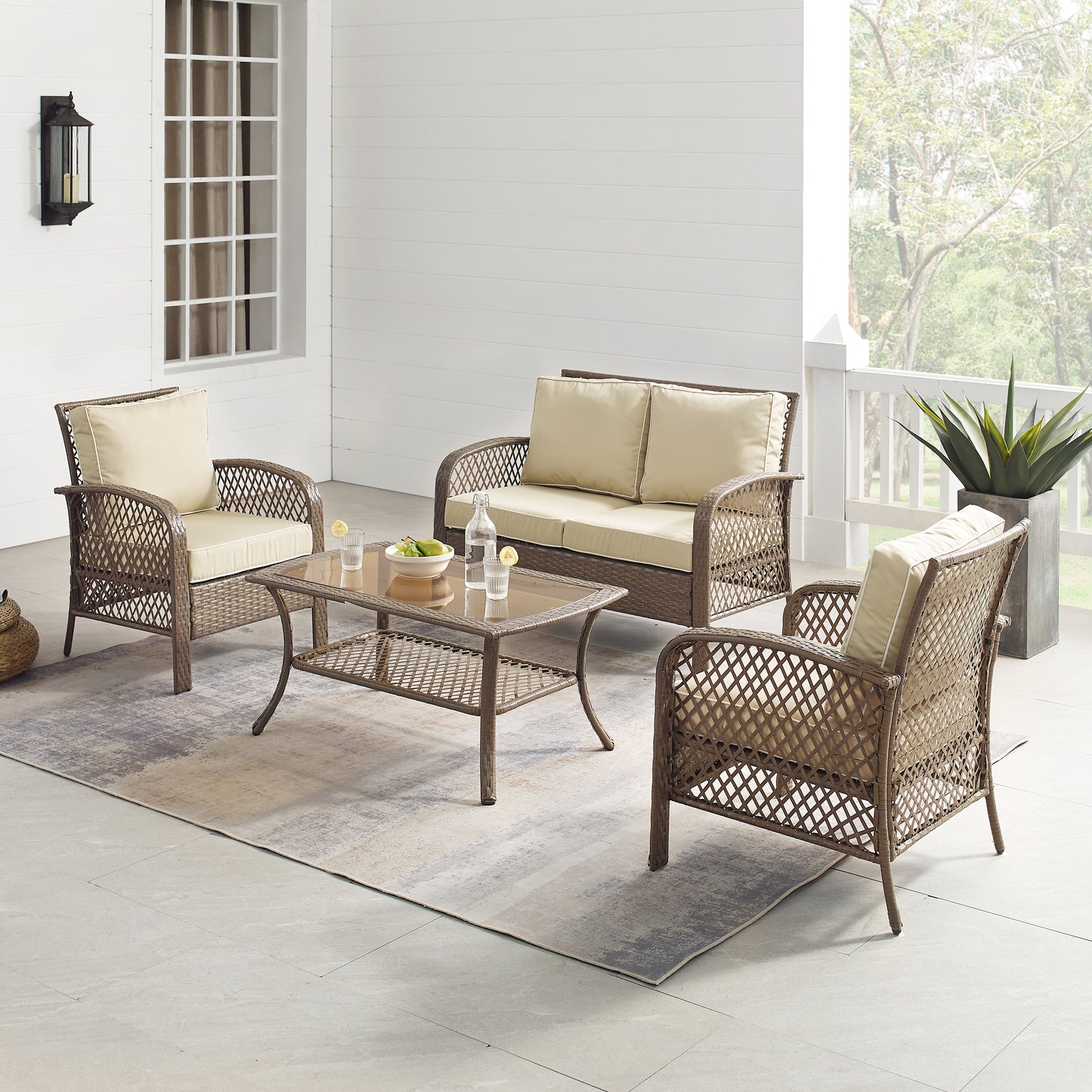 Tribeca 4Pc Outdoor Wicker Conversation Set Sand/Driftwood - Loveseat, Coffee Table, & 2 Arm Chairs