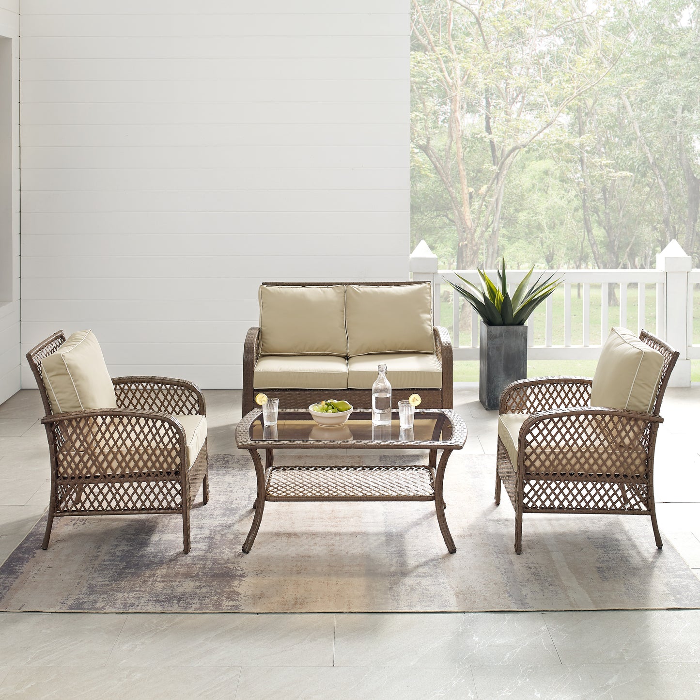 Tribeca 4Pc Outdoor Wicker Conversation Set Sand/Driftwood - Loveseat, Coffee Table, & 2 Arm Chairs