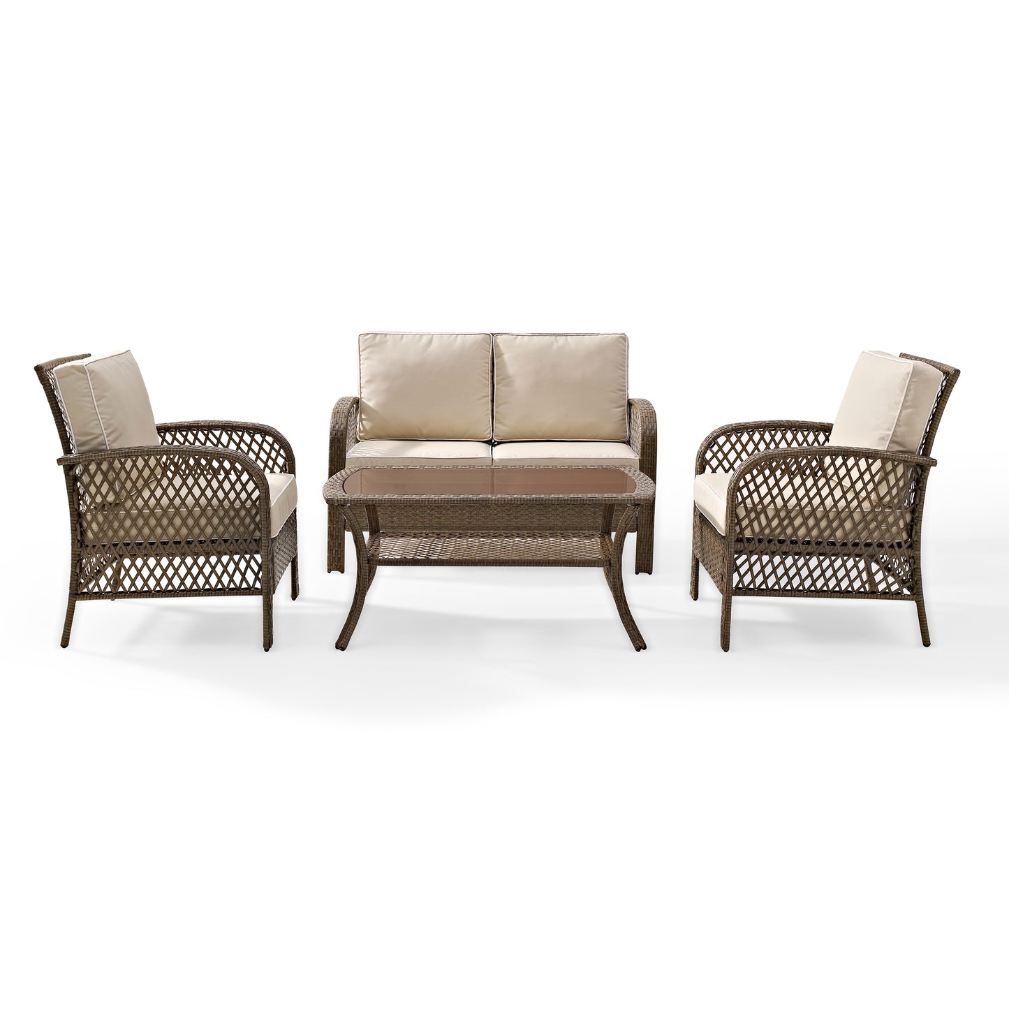 Tribeca 4Pc Outdoor Wicker Conversation Set Sand/Driftwood - Loveseat, Coffee Table, & 2 Arm Chairs