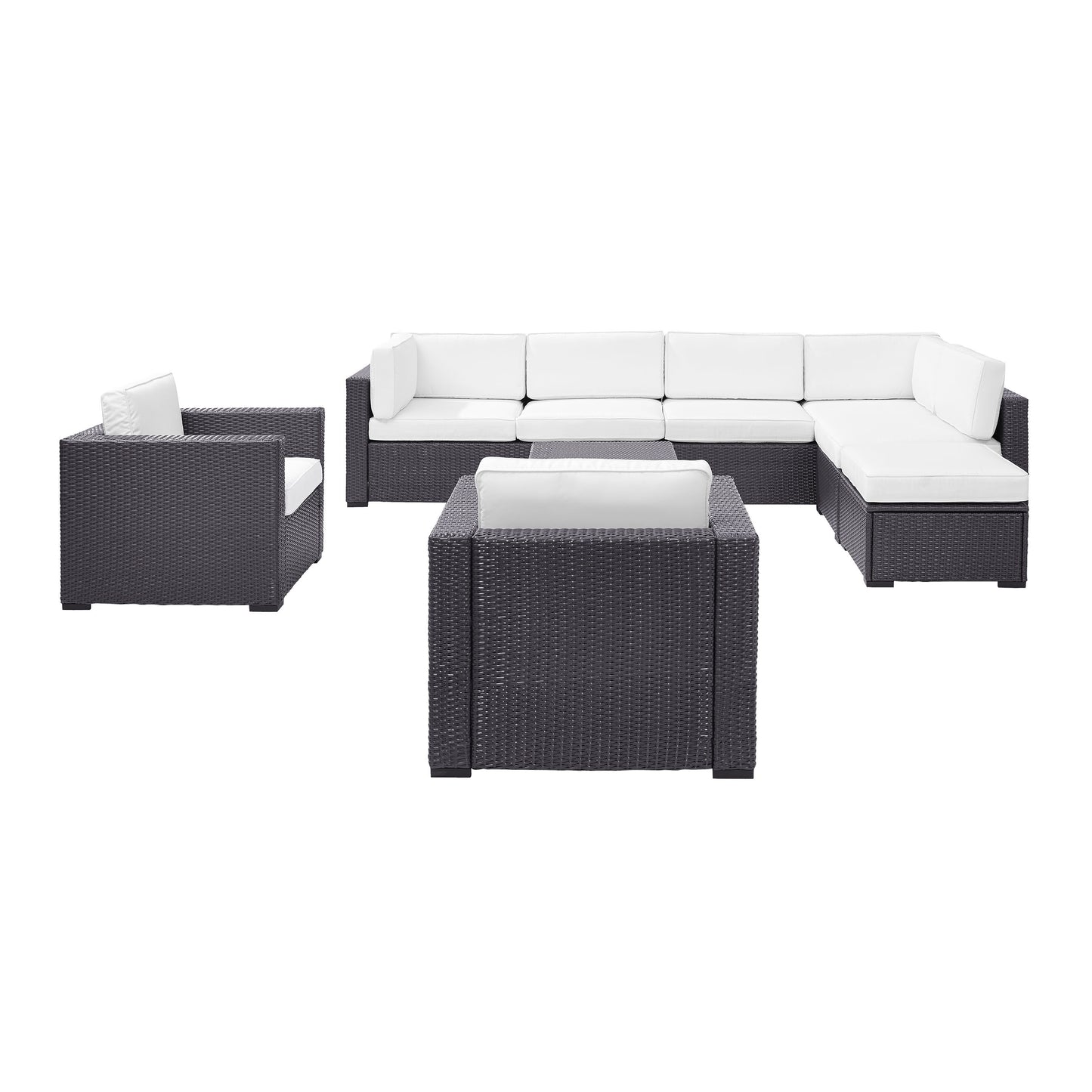 Biscayne 7Pc Outdoor Wicker Sectional Set White/Brown - Armless Chair, Coffee Table, Ottoman, 2 Loveseats, & 2 Arm Chairs