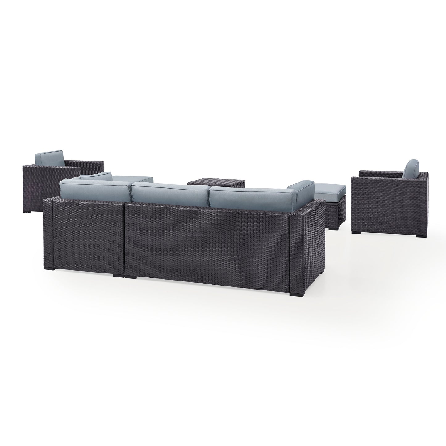 Biscayne 7Pc Outdoor Wicker Sectional Set Mist/Brown - Loveseat, Corner Chair, Coffee Table, 2 Arm Chairs, & 2 Ottomans