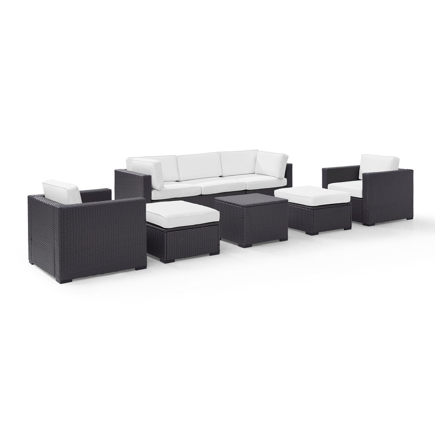 Biscayne 7Pc Outdoor Wicker Sectional Set White/Brown - Loveseat, Corner Chair, Coffee Table, 2 Arm Chairs, & 2 Ottomans