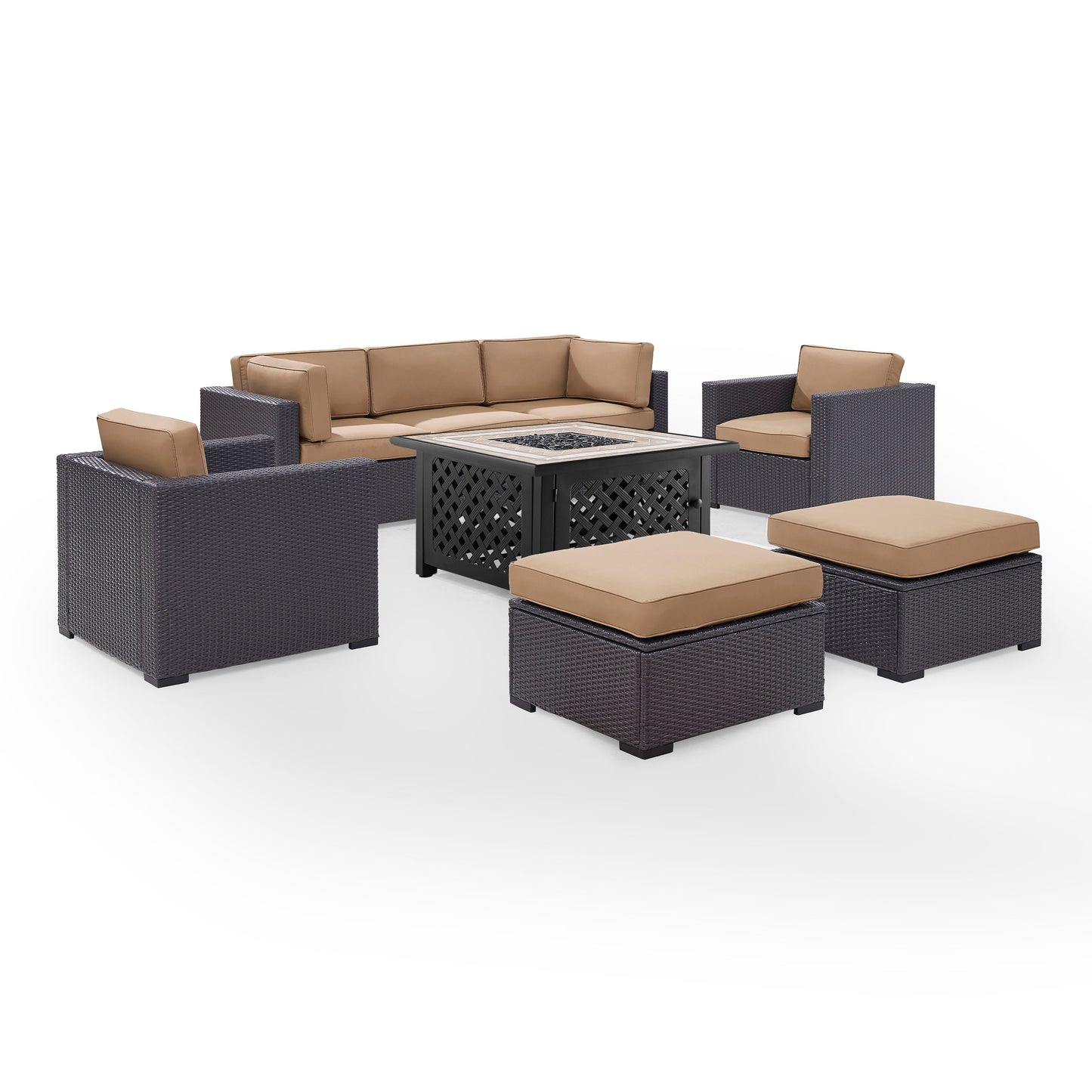 Biscayne 7Pc Outdoor Wicker Sectional Set W/Fire Table Mocha/Brown - Loveseat, Corner Chair, Tucson Fire Table, 2 Armchairs, & 2 Ottomans