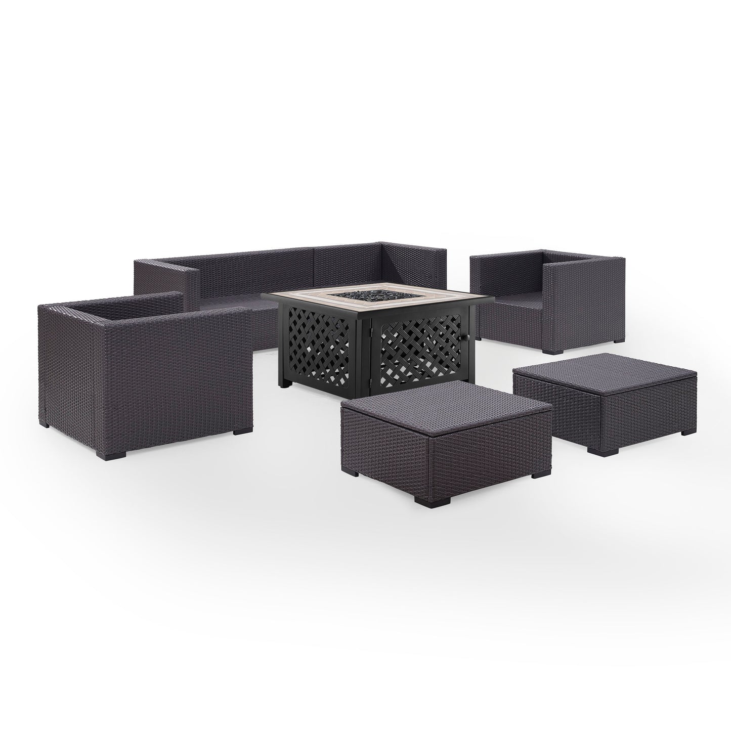 Biscayne 7Pc Outdoor Wicker Sectional Set W/Fire Table Mocha/Brown - Loveseat, Corner Chair, Tucson Fire Table, 2 Armchairs, & 2 Ottomans