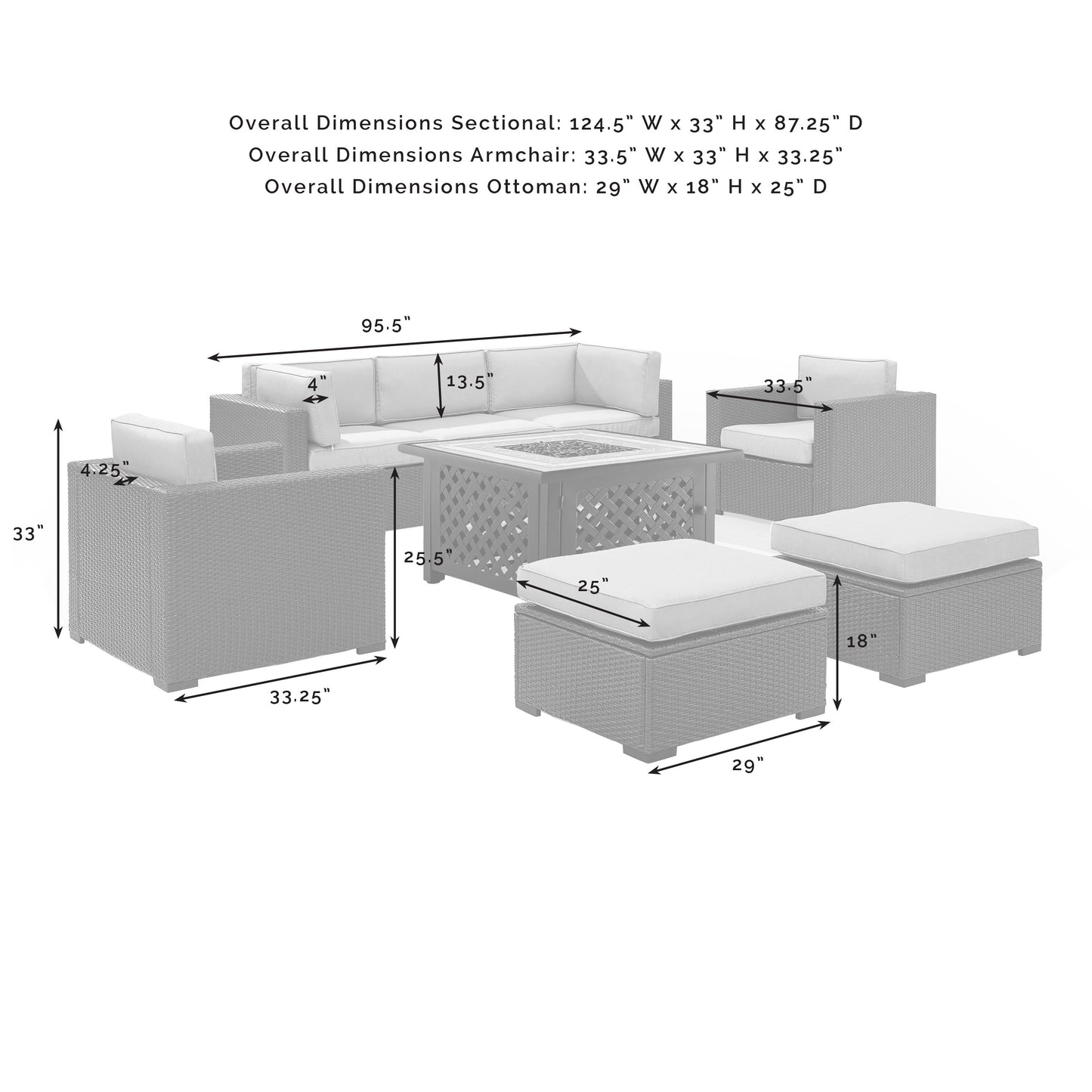 Biscayne 7Pc Outdoor Wicker Sectional Set W/Fire Table Mocha/Brown - Loveseat, Corner Chair, Tucson Fire Table, 2 Armchairs, & 2 Ottomans