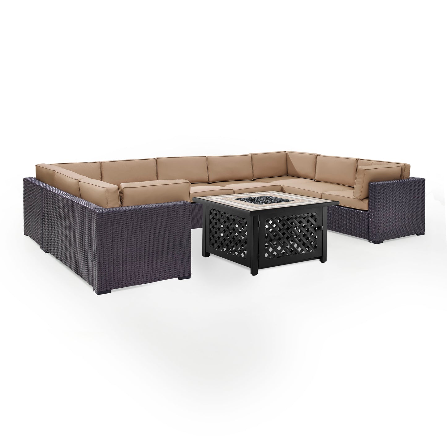 Biscayne 6Pc Outdoor Wicker Sectional Set W/Fire Table Mocha/Brown - Armless Chair, Tucson Fire Table, & 4 Loveseats