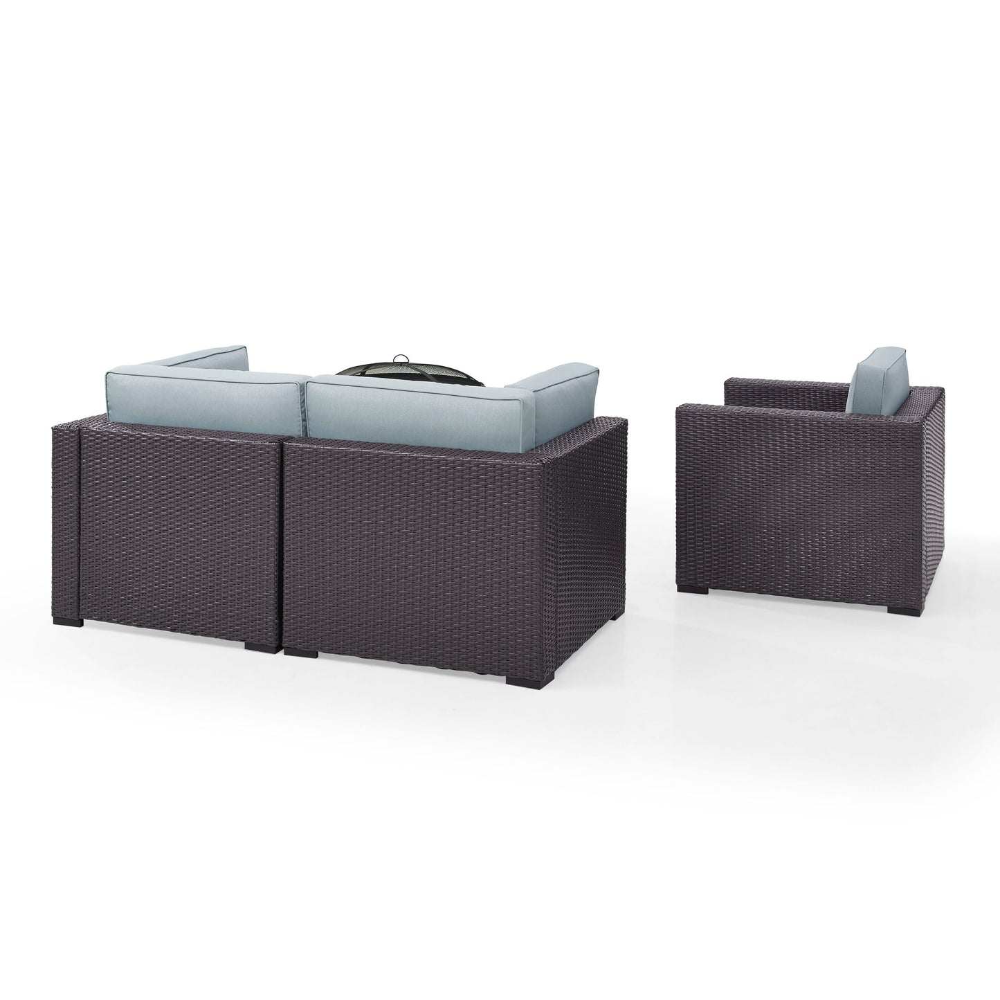 Biscayne 4Pc Outdoor Wicker Conversation Set W/Fire Pit Mist/Brown - Armchair, Ashland Firepit, & 2 Corner Chairs