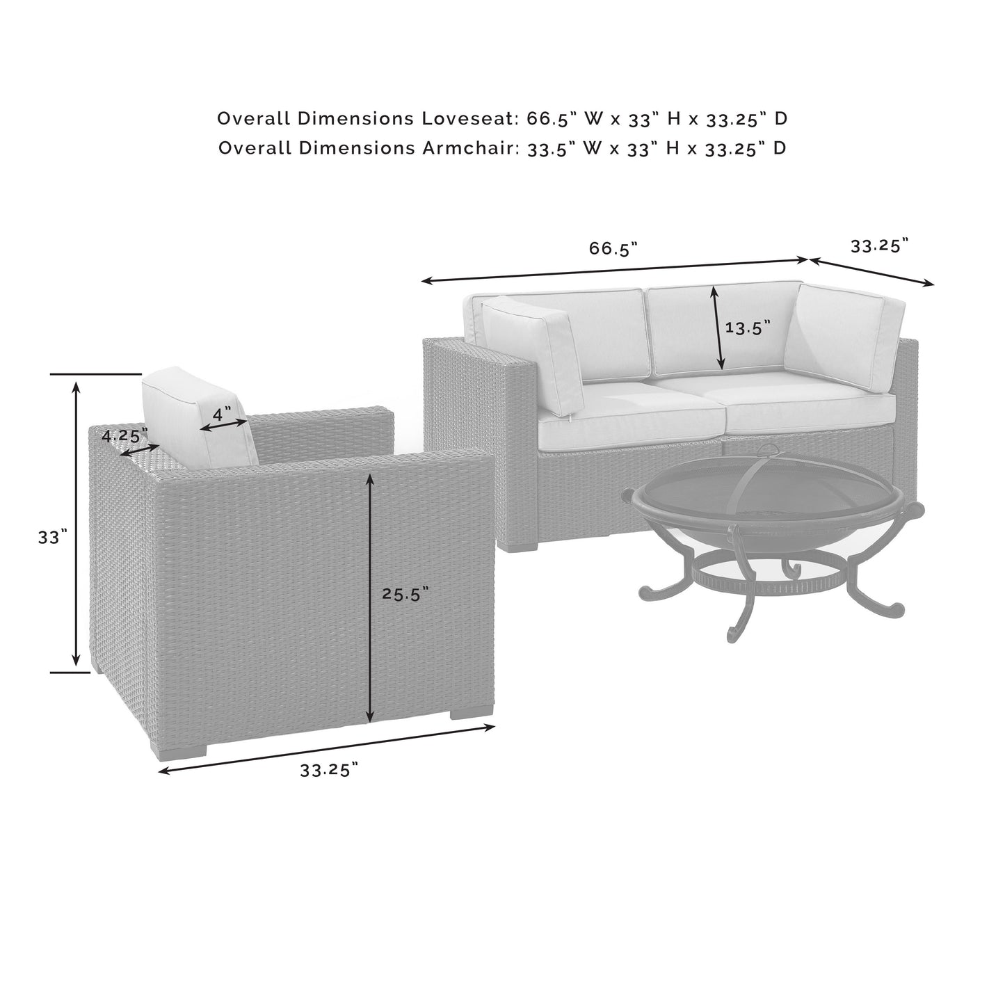 Biscayne 4Pc Outdoor Wicker Conversation Set W/Fire Pit Mist/Brown - Armchair, Ashland Firepit, & 2 Corner Chairs