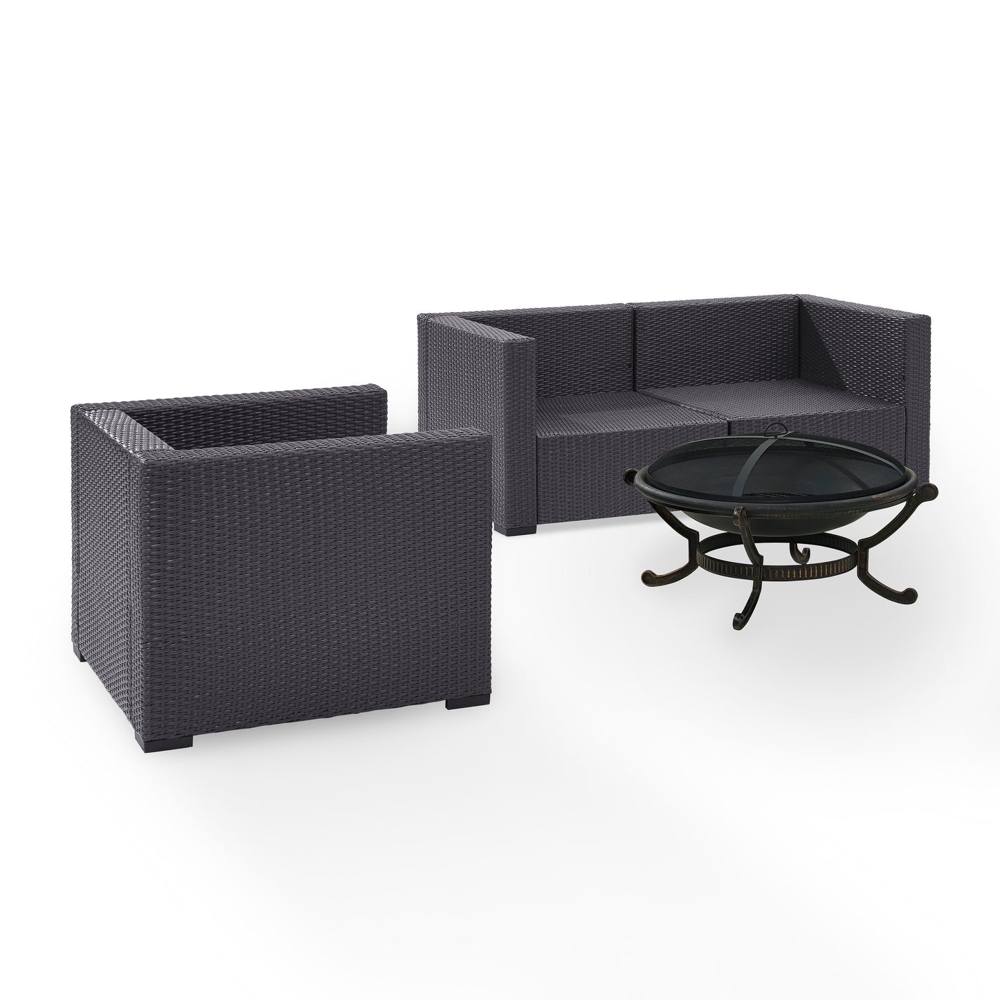 Biscayne 4Pc Outdoor Wicker Conversation Set W/Fire Pit Mocha/Brown - Armchair, Ashland Firepit, & 2 Corner Chairs
