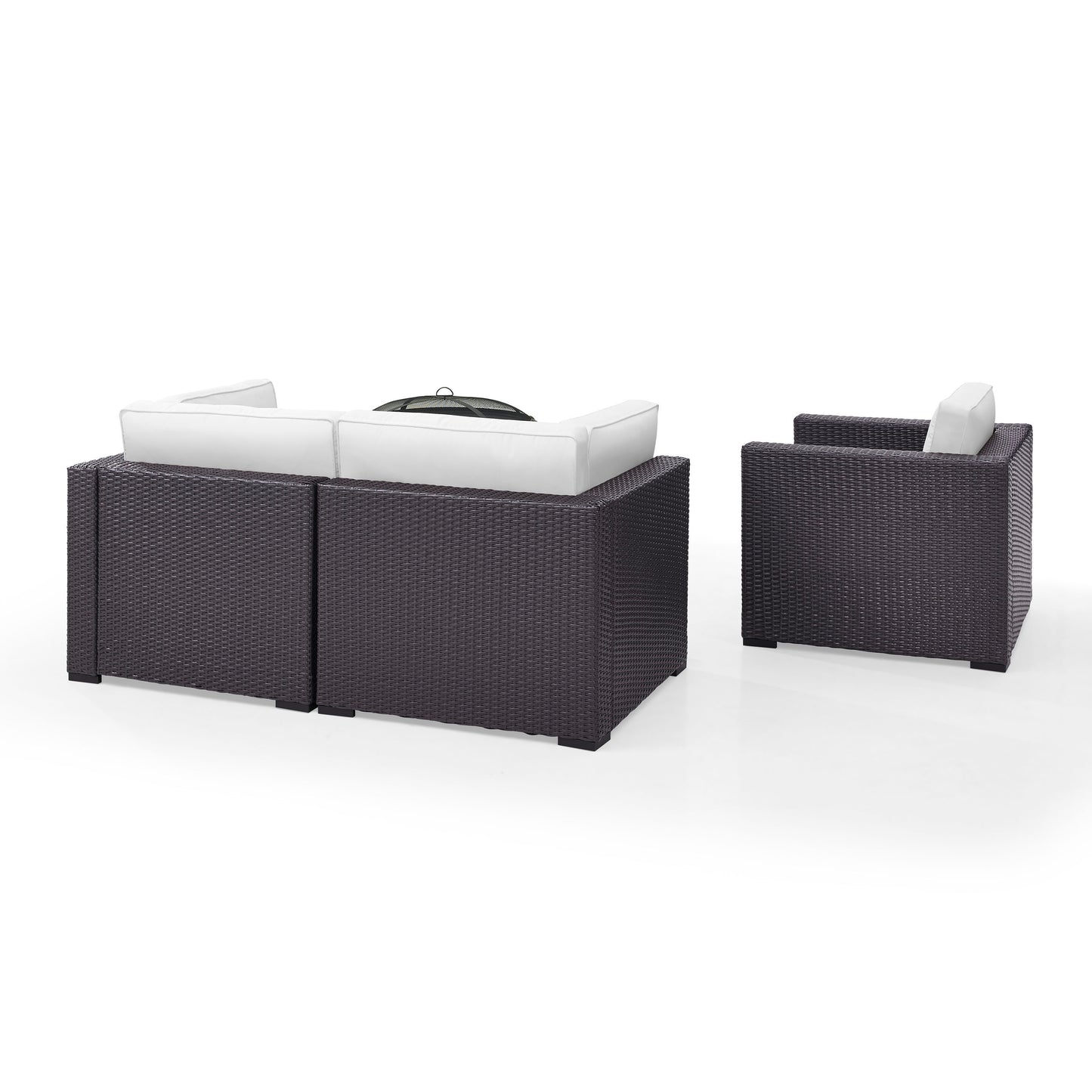 Biscayne 4Pc Outdoor Wicker Conversation Set W/Fire Pit White/Brown - Armchair, Ashland Firepit, & 2 Corner Chairs