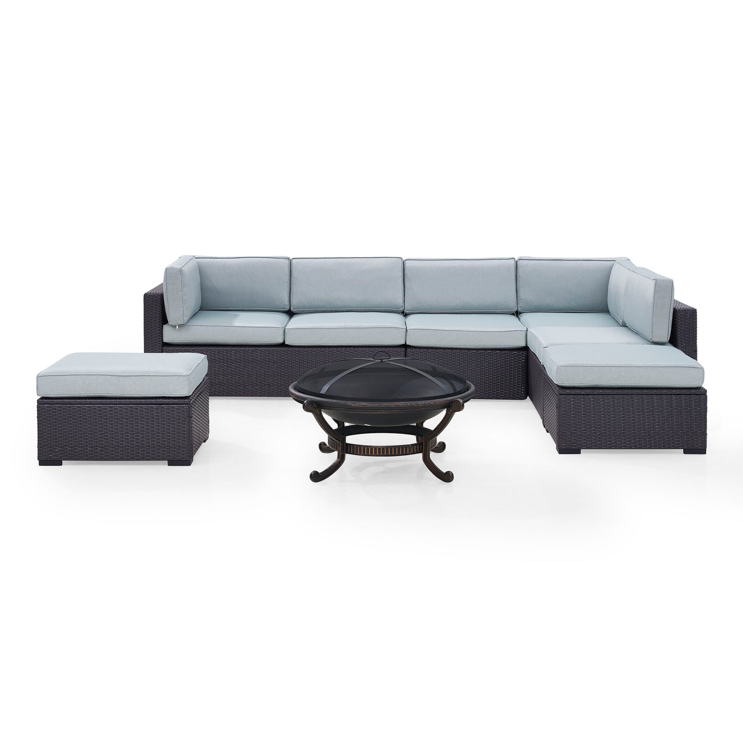 Biscayne 6Pc Outdoor Wicker Sectional Set W/Fire Pit Mist/Brown - Ashland Firepit, 2 Loveseats, Armless Chair, & 2 Ottomans