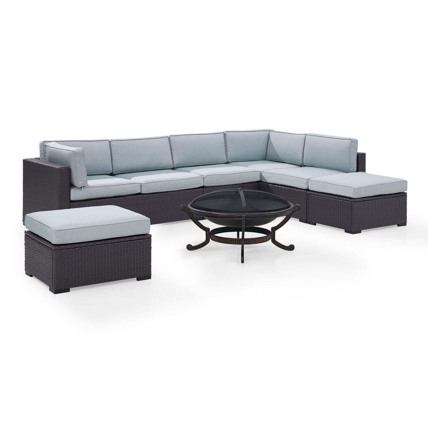 Biscayne 6Pc Outdoor Wicker Sectional Set W/Fire Pit Mist/Brown - Ashland Firepit, 2 Loveseats, Armless Chair, & 2 Ottomans