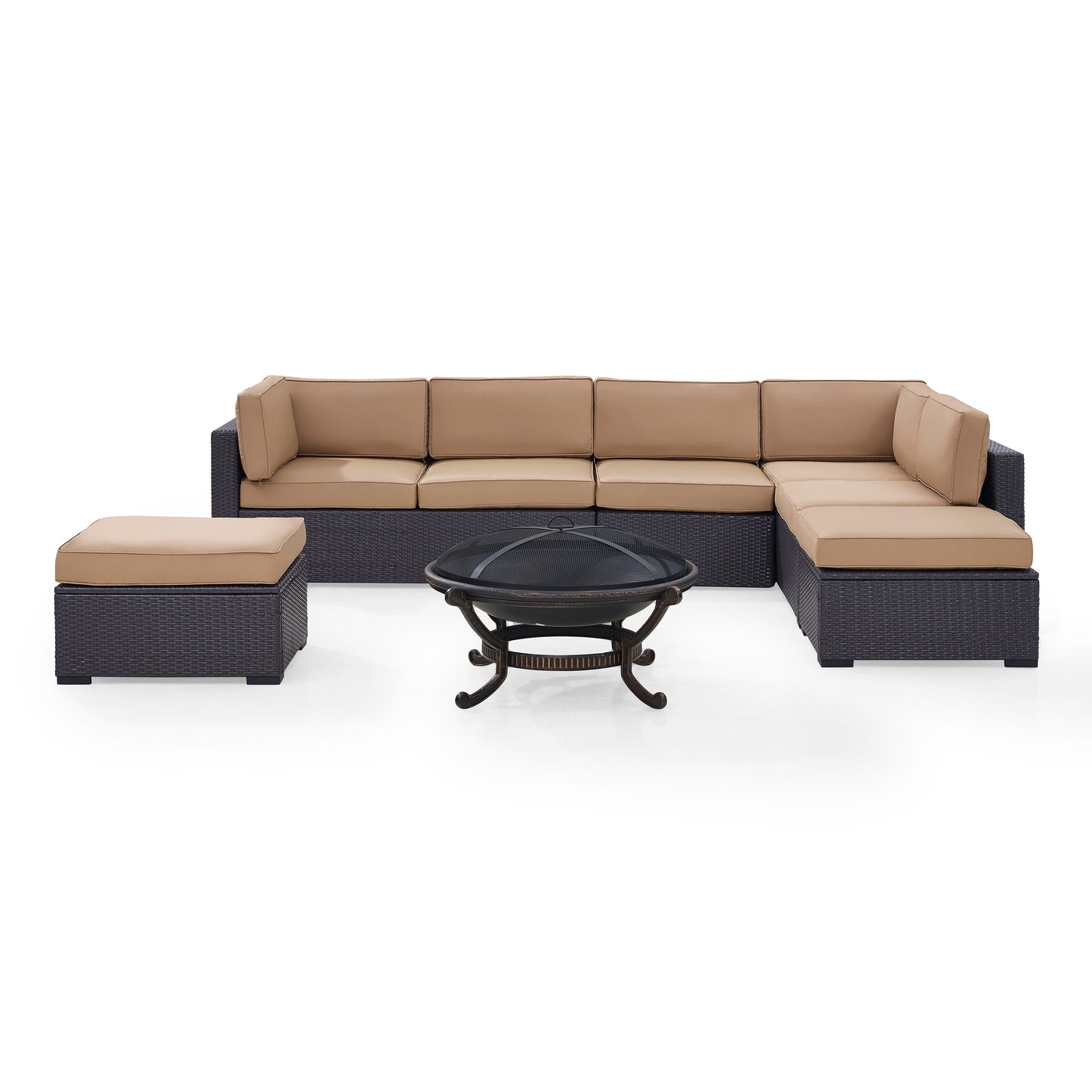 Biscayne 6Pc Outdoor Wicker Sectional Set W/Fire Pit Mocha/Brown - Ashland Firepit, 2 Loveseats, Armless Chair, & 2 Ottomans