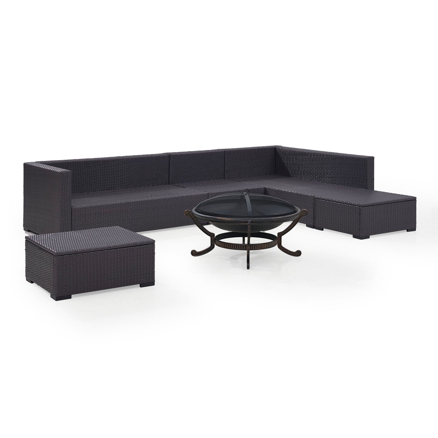Biscayne 6Pc Outdoor Wicker Sectional Set W/Fire Pit Mocha/Brown - Ashland Firepit, 2 Loveseats, Armless Chair, & 2 Ottomans