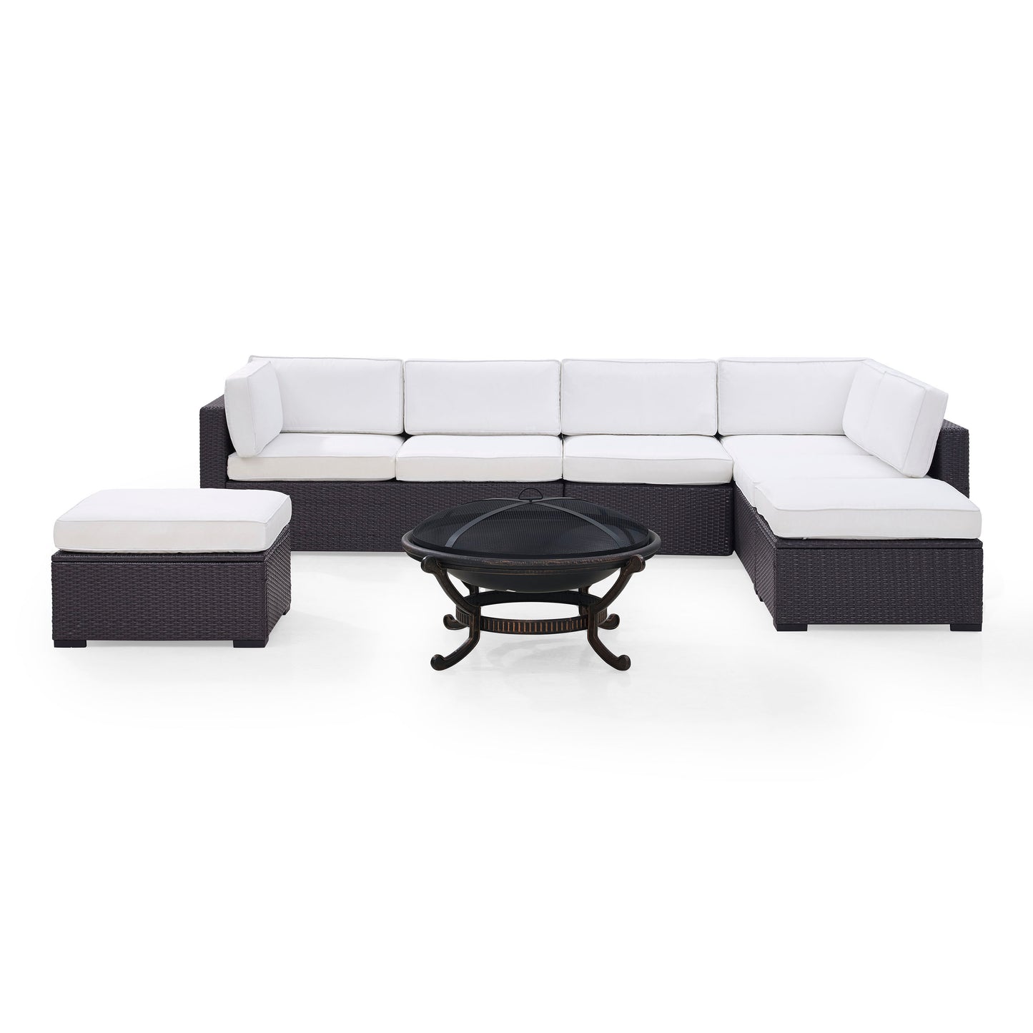 Biscayne 6Pc Outdoor Wicker Sectional Set W/Fire Pit White/Brown - Ashland Firepit, 2 Loveseats, Armless Chair, & 2 Ottomans