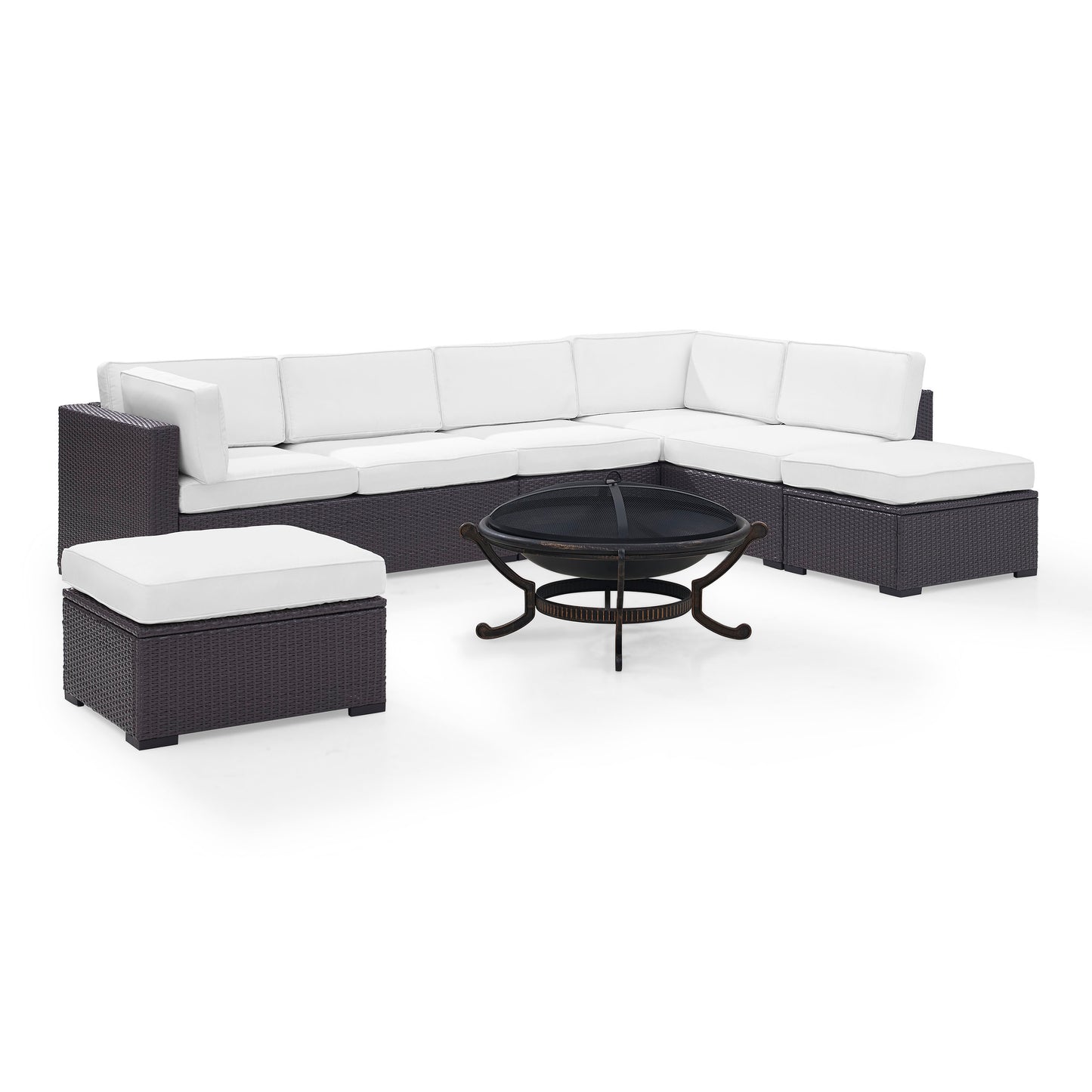 Biscayne 6Pc Outdoor Wicker Sectional Set W/Fire Pit White/Brown - Ashland Firepit, 2 Loveseats, Armless Chair, & 2 Ottomans