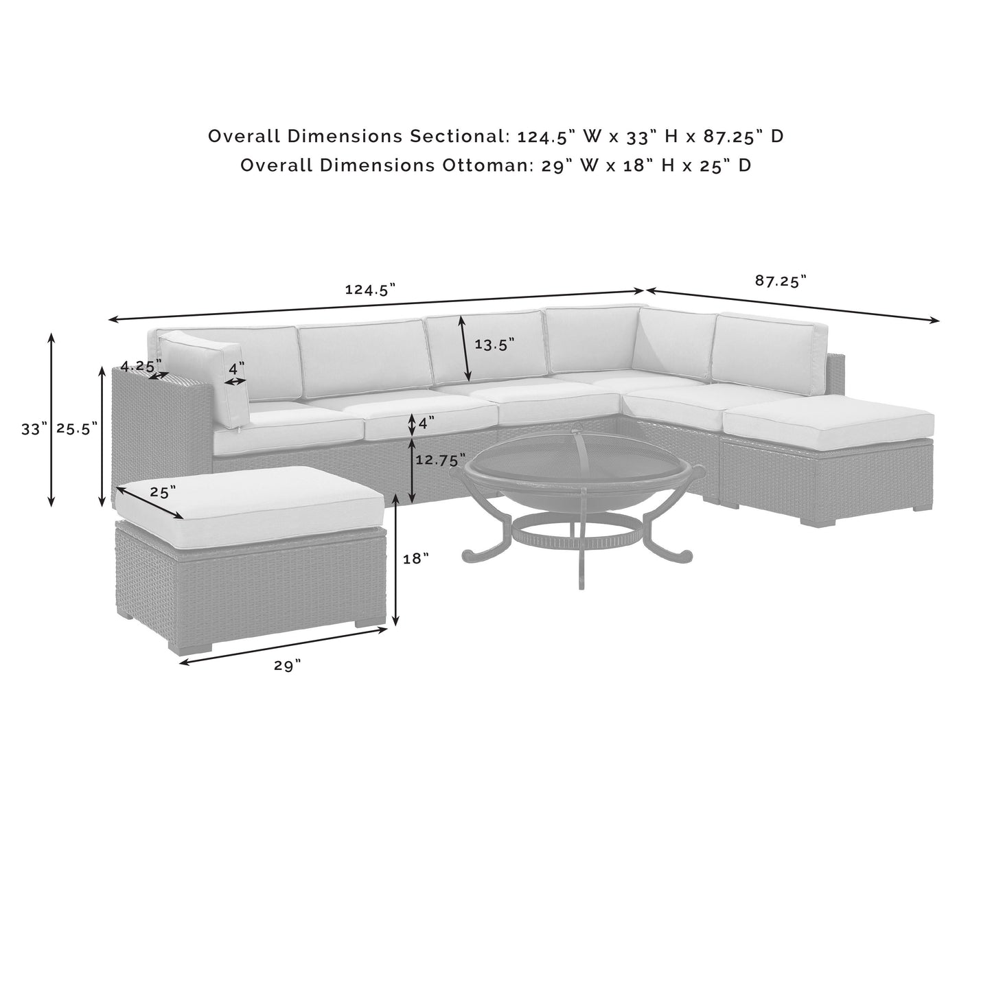 Biscayne 6Pc Outdoor Wicker Sectional Set W/Fire Pit White/Brown - Ashland Firepit, 2 Loveseats, Armless Chair, & 2 Ottomans