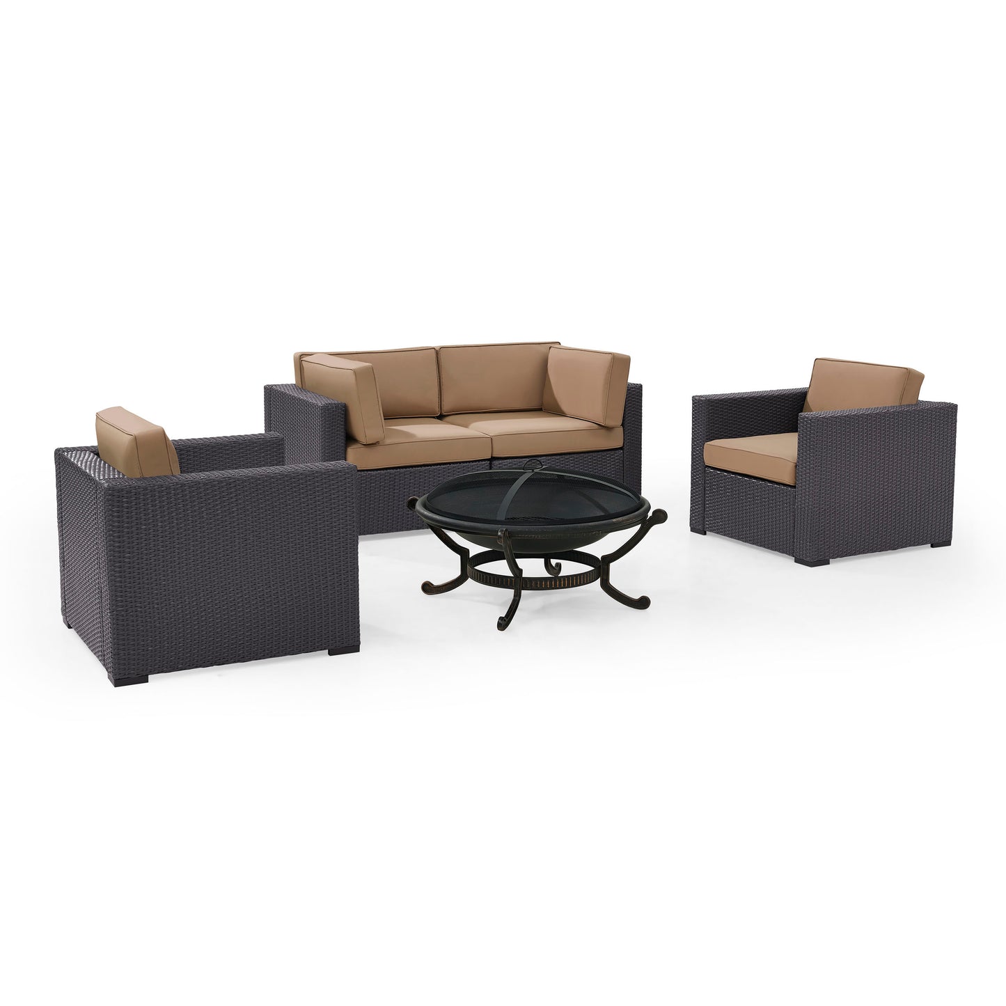 Biscayne 5Pc Outdoor Wicker Conversation Set W/Fire Pit Mocha/Brown - Ashland Firepit, 2 Armchairs, & 2 Corner Chairs
