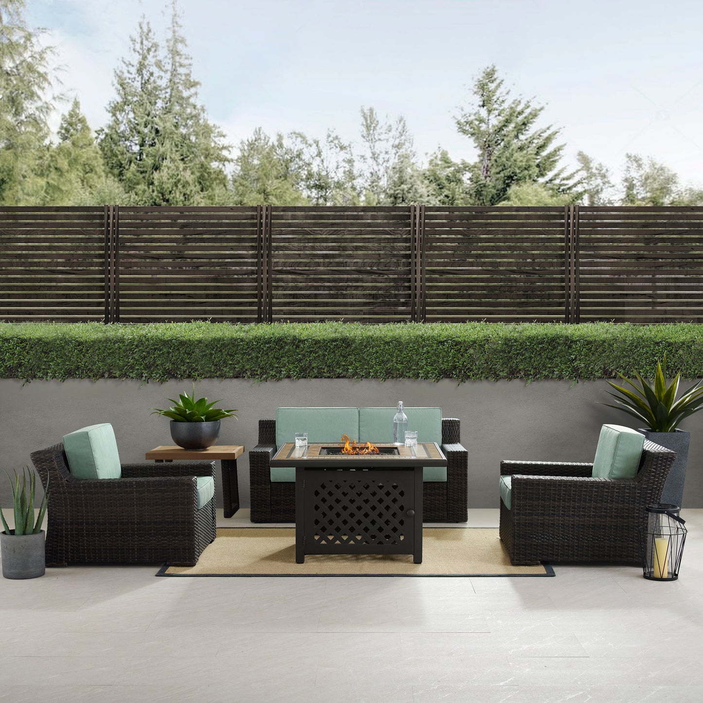 Beaufort 5Pc Outdoor Wicker Conversation Set W/Fire Table Mist/Brown - Tucson Fire Table, Side Table, Loveseat, & 2 Chars