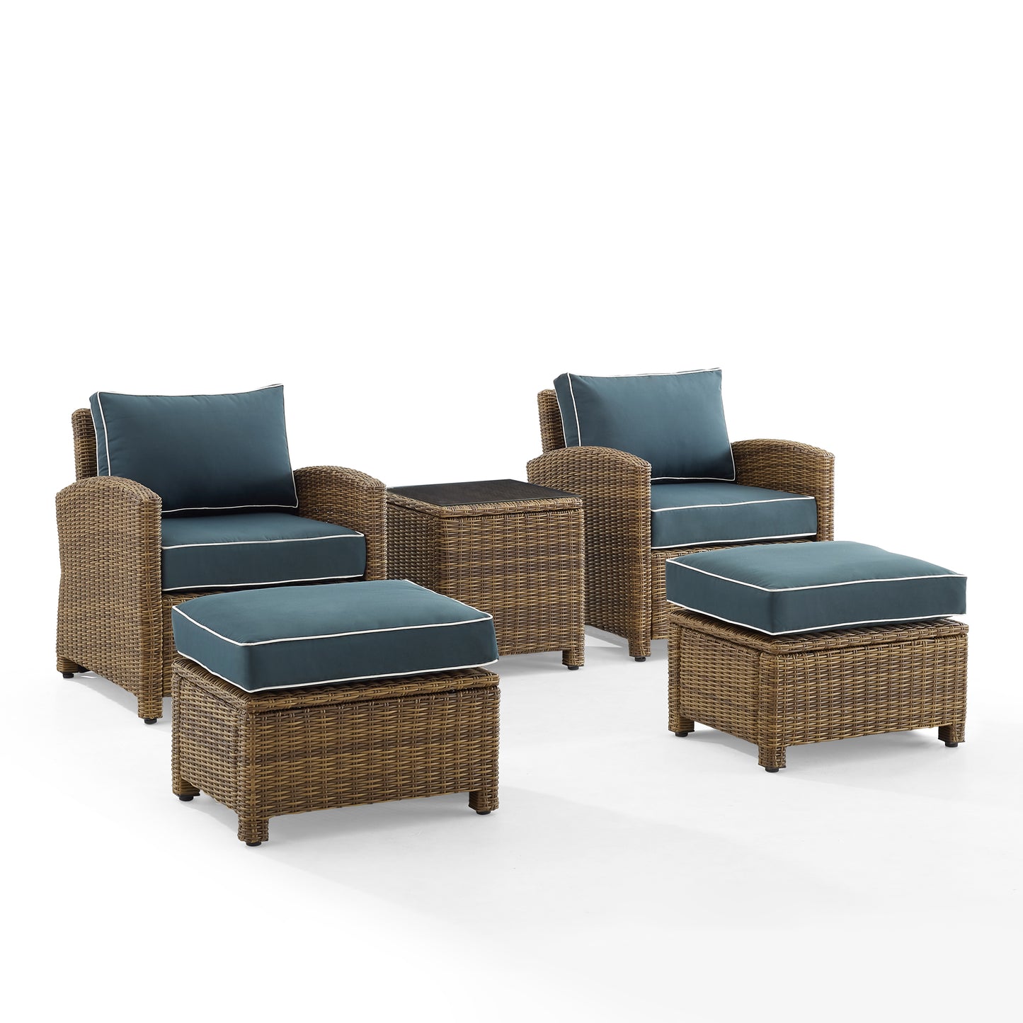 Bradenton 5Pc Outdoor Wicker Armchair Set Navy/ Weathered Brown - Side Table, 2 Arm Chairs & 2 Ottomans