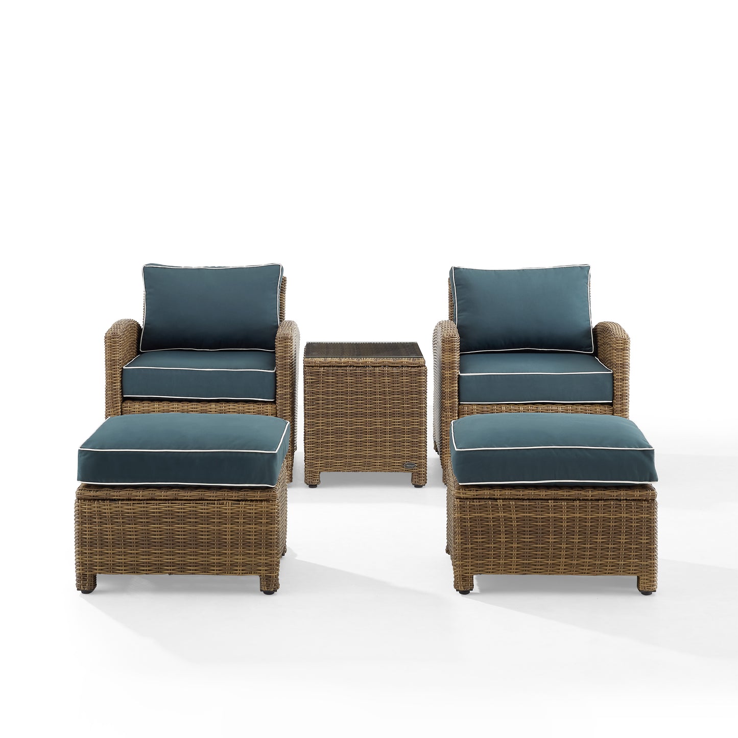 Bradenton 5Pc Outdoor Wicker Armchair Set Navy/ Weathered Brown - Side Table, 2 Arm Chairs & 2 Ottomans
